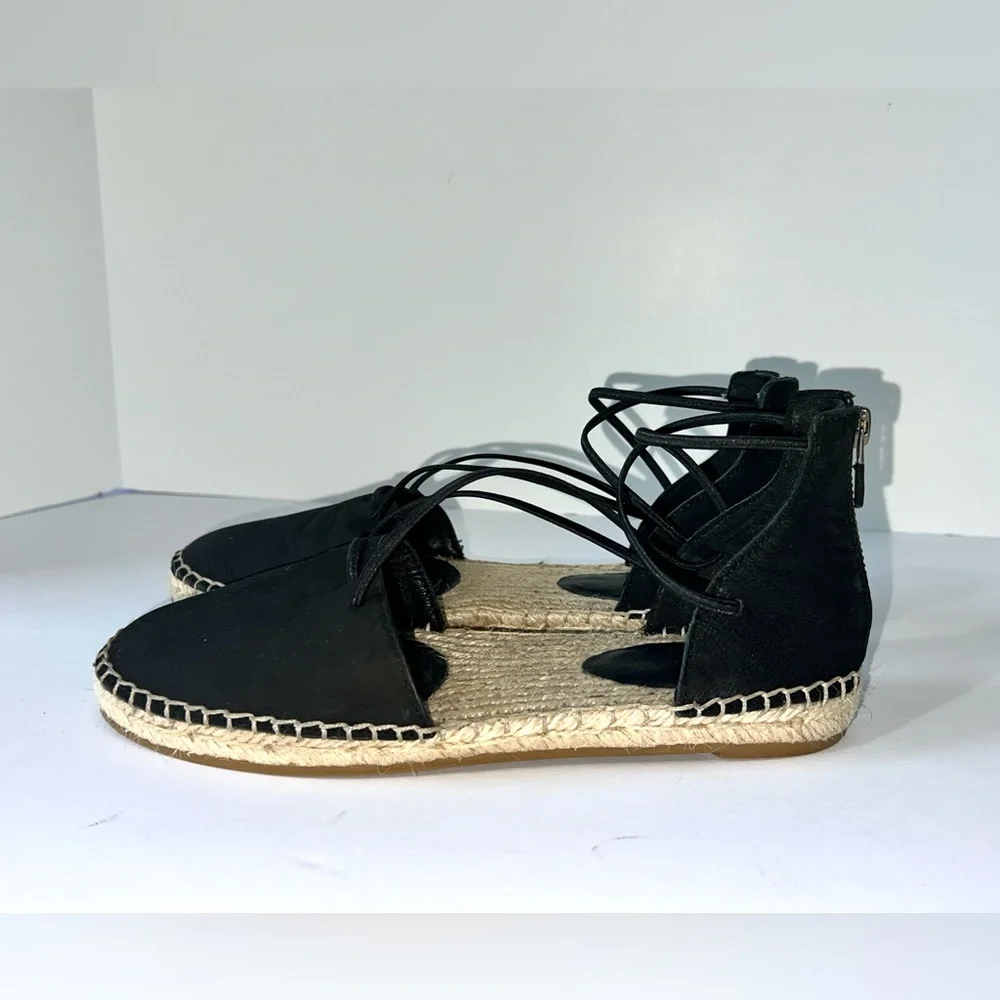 Eileen Fisher Sandal‎ Elastic Lace Up Espadrille Women Shoe Black Leather Sz 6